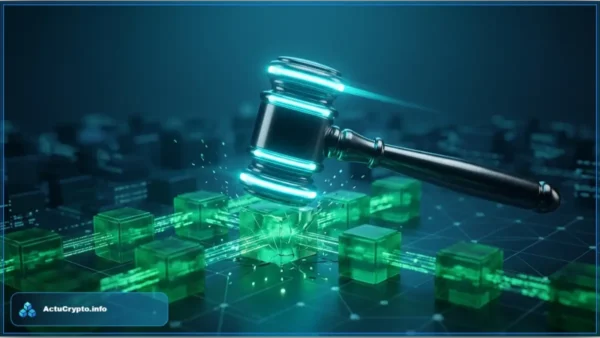 Marteau de justice numérique frappant un bloc blockchain, illustrant le procès de la CFTC contre le Kentucky sur les marchés de prédiction