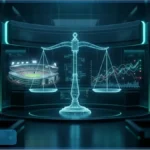 Balance de la justice holographique avec un stade et des graphiques financiers représentant les marchés de prédiction