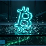 Logo Bitcoin lumineux brisant un sol en verre illustrant la chute du BTC sous 60 000 dollars