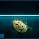 Pièce de Bitcoin chutant sous une ligne de support bleue, illustrant la baisse du cours Bitcoin sous 60 000 dollars.