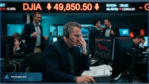 Trader inquiet observant la chute du Dow Jones sous les 50 000 points sur les écrans de Wall Street