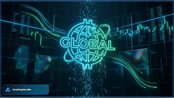Illustration d'un globe néon se brisant, symbolisant la chute du marché crypto suite au retrait institutionnel.
