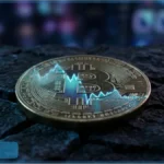 Image d'une pièce de Bitcoin physique posée sur un sol sombre et craquelé, avec un graphique de prix en baisse superposé, illustrant la chute du prix du Bitcoin.