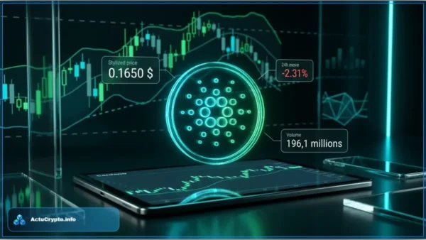 Logo lumineux de Cardano affichant un prix de 0.1650 dollar devant des graphiques boursiers en baisse