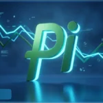 Symbole 3D du Pi Network avec un graphique financier en baisse illustrant la chute du token PI