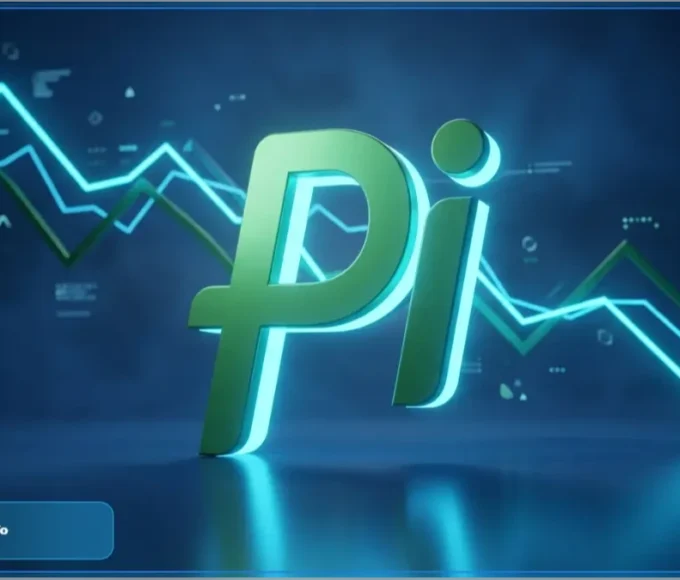 Symbole 3D du Pi Network avec un graphique financier en baisse illustrant la chute du token PI