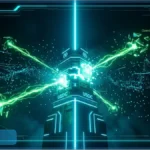 Guerrier futuriste avec un bouclier dollar repoussant des attaques, symbolisant la défense de l'USDC par Circle face à OpenUSD