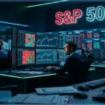 Graphiques rouges sur les écrans d'un trader illustrant la baisse du S&P 500 et la chute du Nasdaq