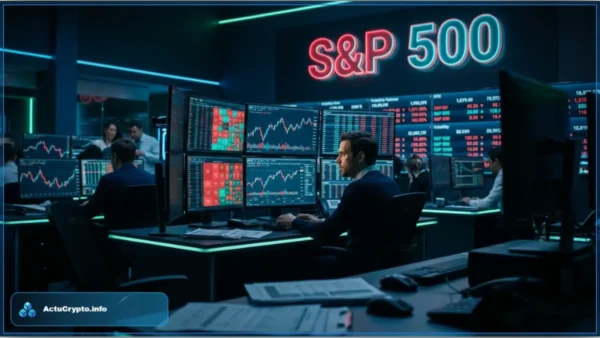 Graphiques rouges sur les écrans d'un trader illustrant la baisse du S&P 500 et la chute du Nasdaq