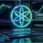 Logo Cosmos Hub ATOM lumineux avec graphiques de trading affichant une hausse de 11 % à 1,99 $