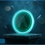 Logo lumineux du token Aave sur un piédestal avec des pièces flottantes
