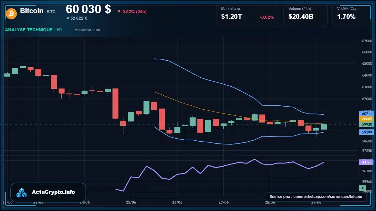 Graphique du cours Bitcoin à 60030 $ Analyse technique du cours de Bitcoin de bitcoin à 60030 $ aujourd'hui
