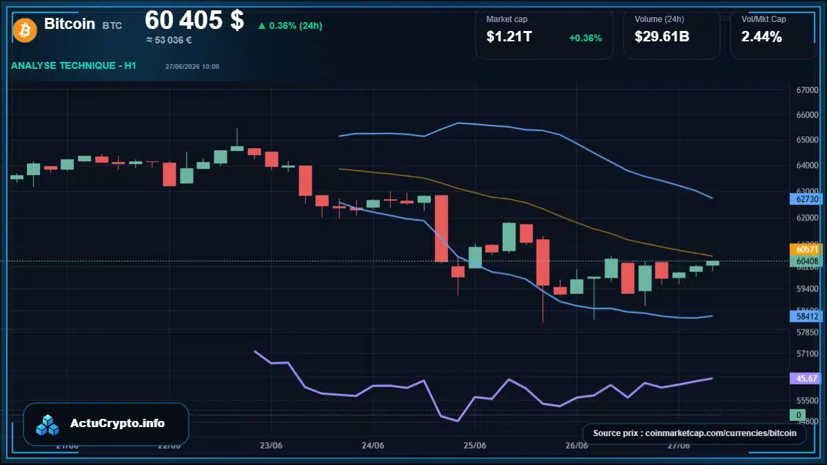 Graphique du cours Bitcoin à 60405 $ Analyse technique du cours de Bitcoin de bitcoin à 60405 $ aujourd'hui