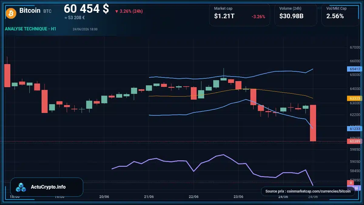 Graphique du cours Bitcoin à 60454 $ Analyse technique du cours de Bitcoin de bitcoin à 60454 $ aujourd'hui