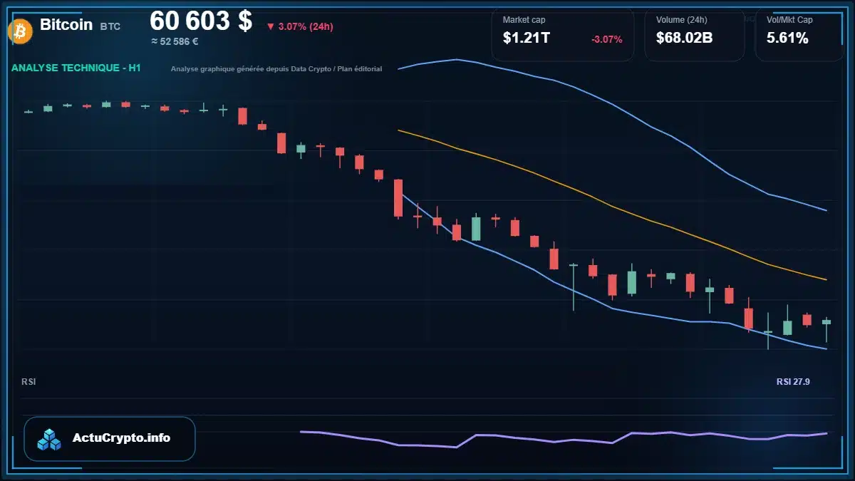Graphique du cours Bitcoin à 60603 $ Analyse technique du cours de Bitcoin de bitcoin à 60603 $ aujourd'hui