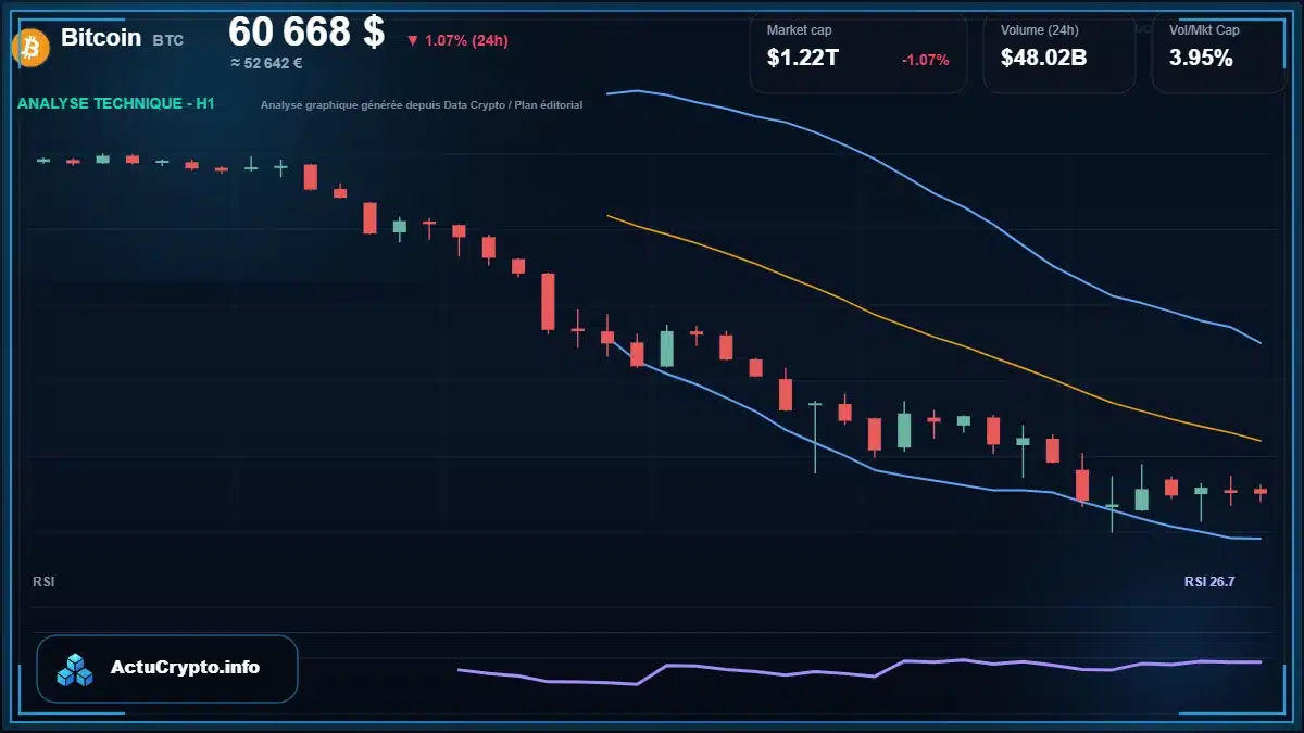 Graphique du cours Bitcoin à 60668 $ Analyse technique du cours de Bitcoin de bitcoin à 60668 $ aujourd'hui
