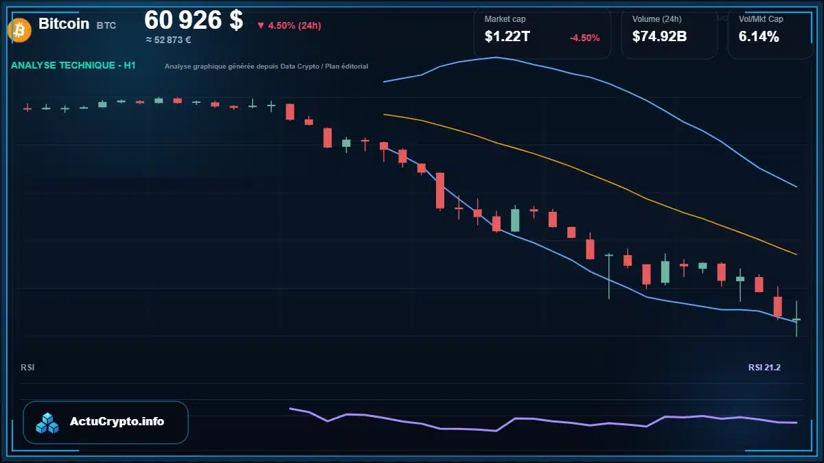 Graphique du cours Bitcoin à 60926 $ Analyse technique du cours de Bitcoin de bitcoin à 60926 $ aujourd'hui