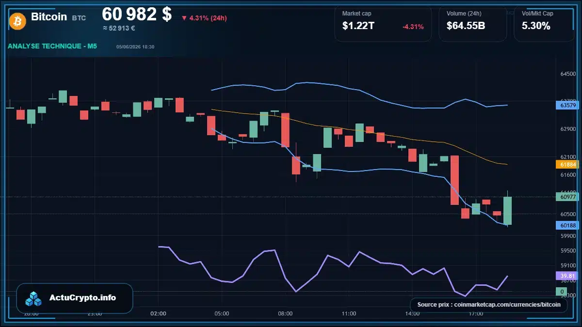 Graphique du cours Bitcoin à 60982 $ Analyse technique du cours de Bitcoin de bitcoin à 60982 $ aujourd'hui