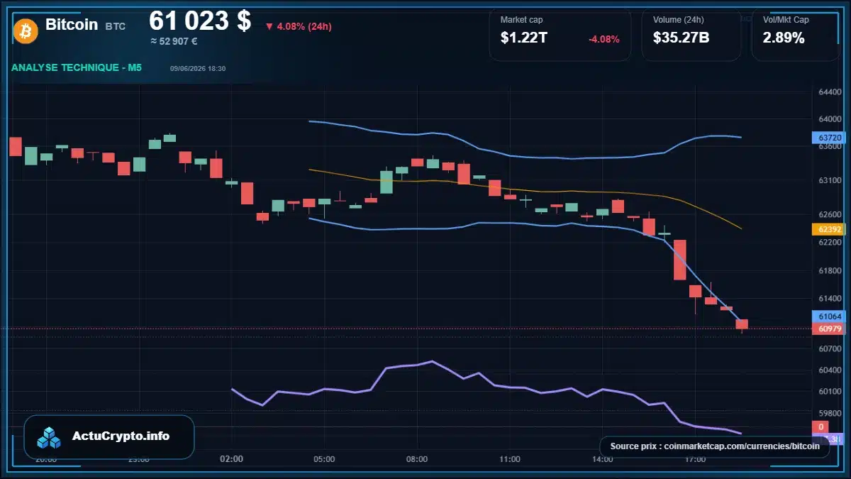 Graphique du cours Bitcoin à 61023 $ Analyse technique du cours de Bitcoin de bitcoin à 61023 $ aujourd'hui