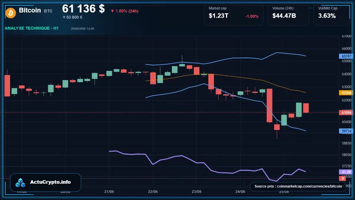 Graphique du cours Bitcoin à 61136 $ Analyse technique du cours de Bitcoin de bitcoin à 61136 $ aujourd'hui