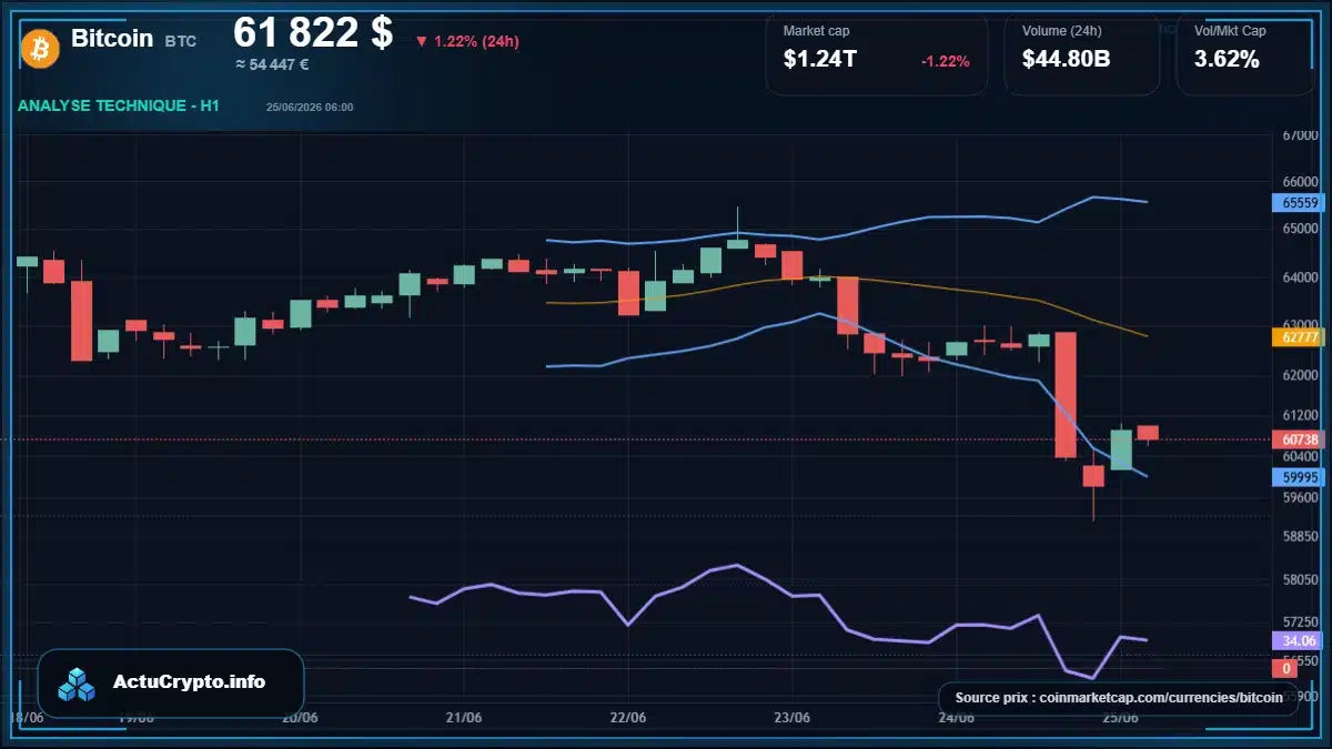 Graphique du cours Bitcoin à 61822 $ Analyse technique du cours de Bitcoin de bitcoin à 61822 $ aujourd'hui