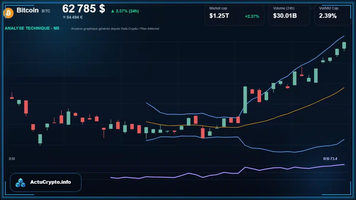Graphique du cours Bitcoin à 62785 $ Analyse technique du cours de Bitcoin de bitcoin à 62785 $ aujourd'hui