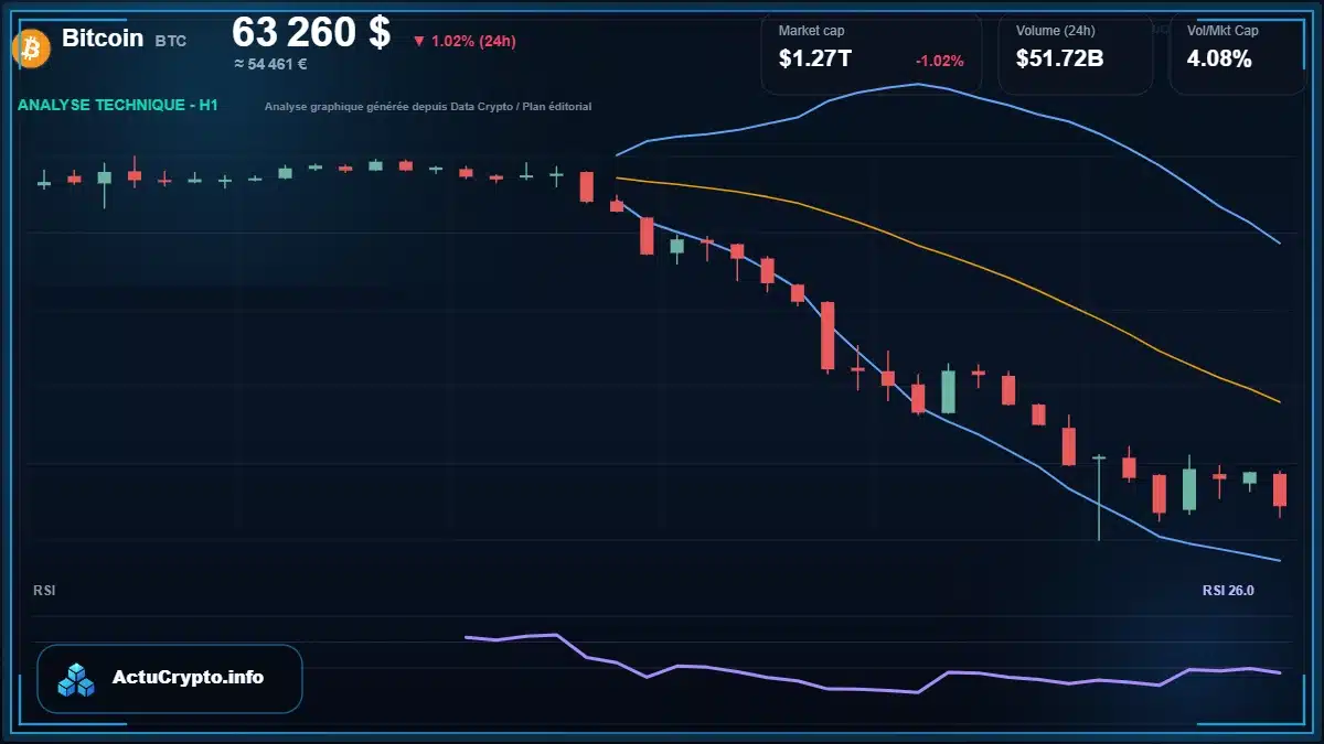 Graphique du cours Bitcoin à 63260 $ Analyse technique du cours de Bitcoin de bitcoin à 63260 $ aujourd'hui