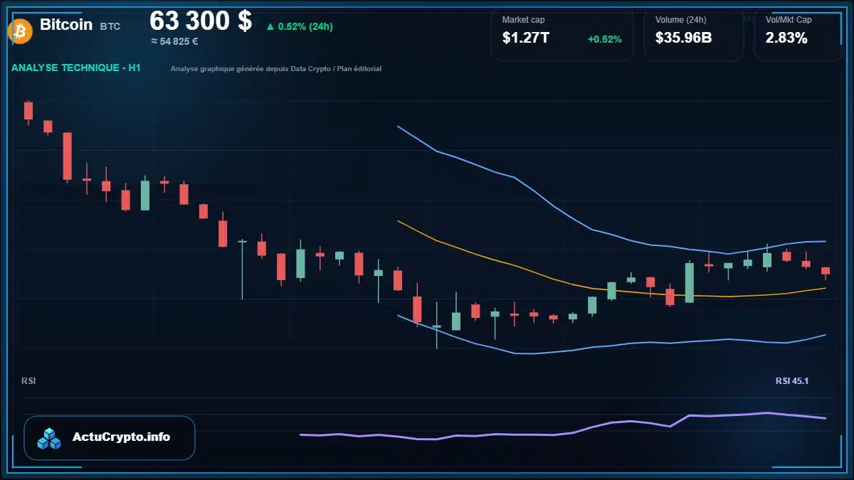 Graphique du cours Bitcoin à 63300 $ Analyse technique du cours de Bitcoin de bitcoin à 63300 $ aujourd'hui