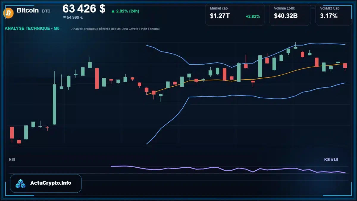 Graphique du cours Bitcoin à 63426 $ Analyse technique du cours de Bitcoin de bitcoin à 63426 $ aujourd'hui