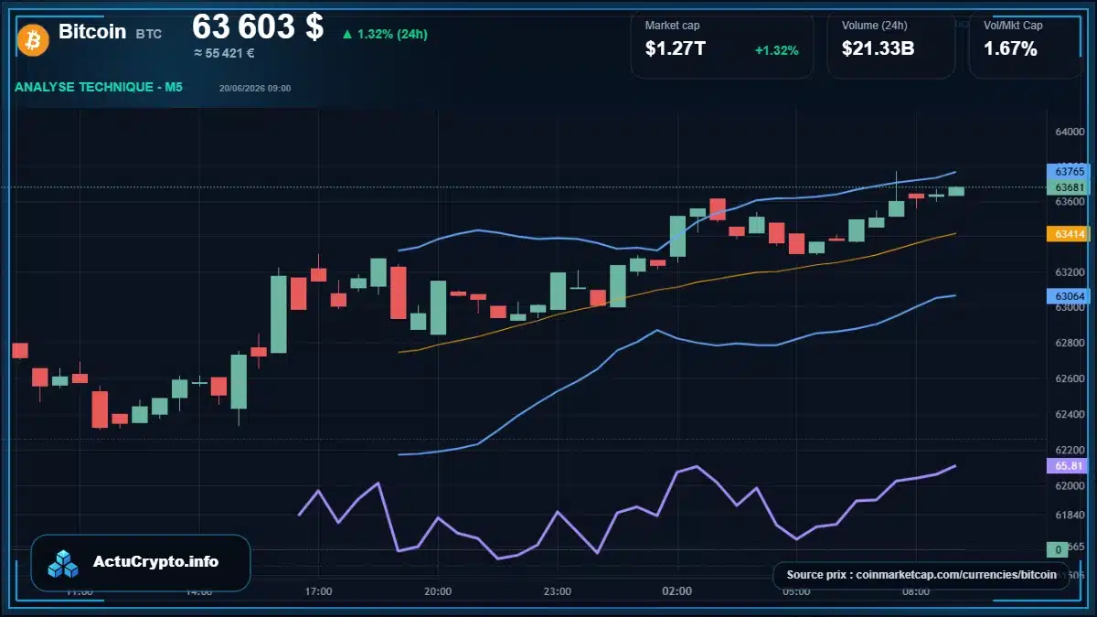 Graphique du cours Bitcoin à 63603 $ Analyse technique du cours de Bitcoin de bitcoin à 63603 $ aujourd'hui
