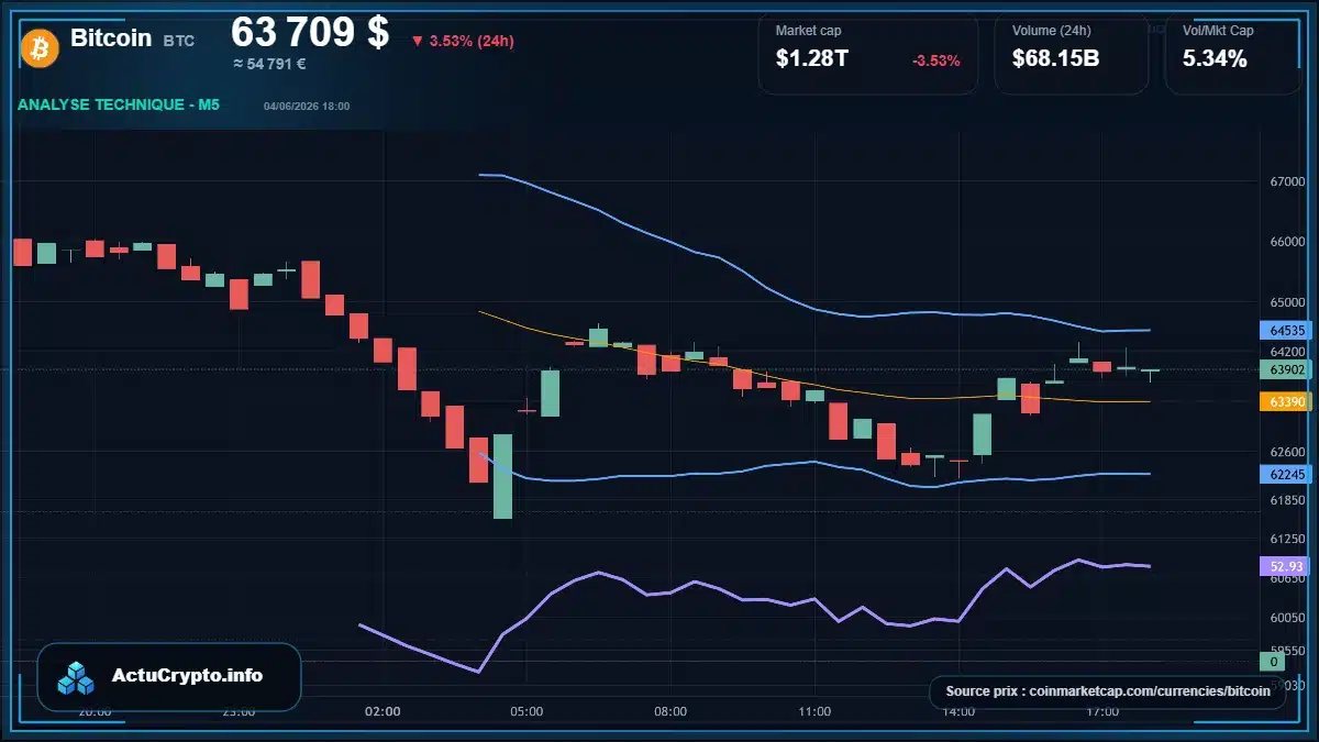 Graphique du cours Bitcoin à 63709 $ Analyse technique du cours de Bitcoin de bitcoin à 63709 $ aujourd'hui