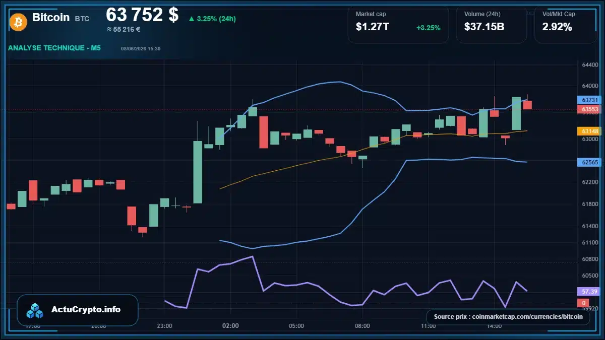 Graphique du cours Bitcoin à 63752 $ Analyse technique du cours de Bitcoin de bitcoin à 63752 $ aujourd'hui