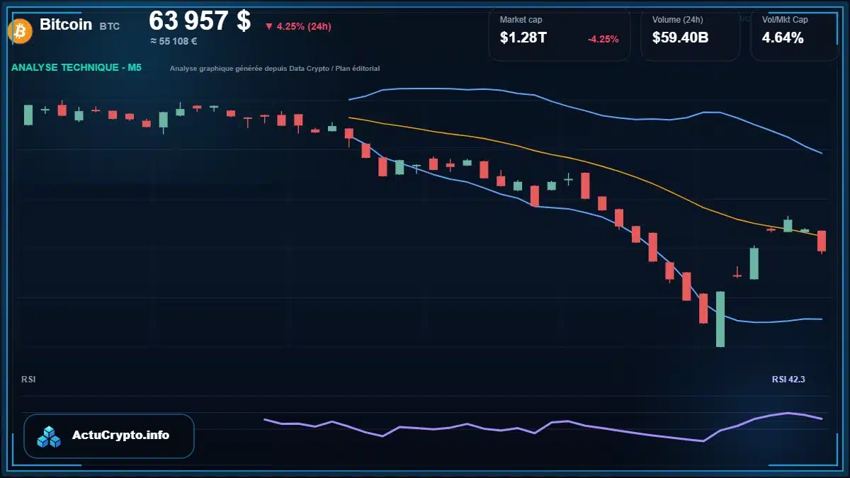 Graphique du cours Bitcoin à 63957 $ Analyse technique du cours de Bitcoin de bitcoin à 63957 $ aujourd'hui