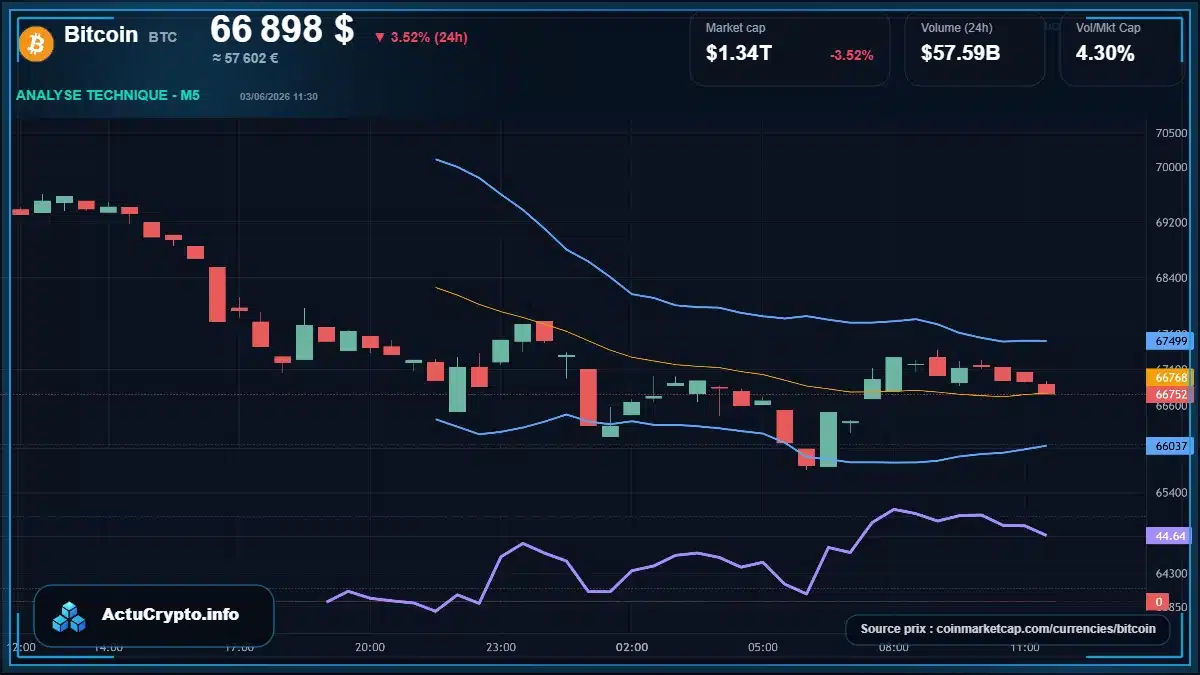 Graphique du cours Bitcoin à 66898 $ Analyse technique du cours de Bitcoin de bitcoin à 66898 $ aujourd'hui