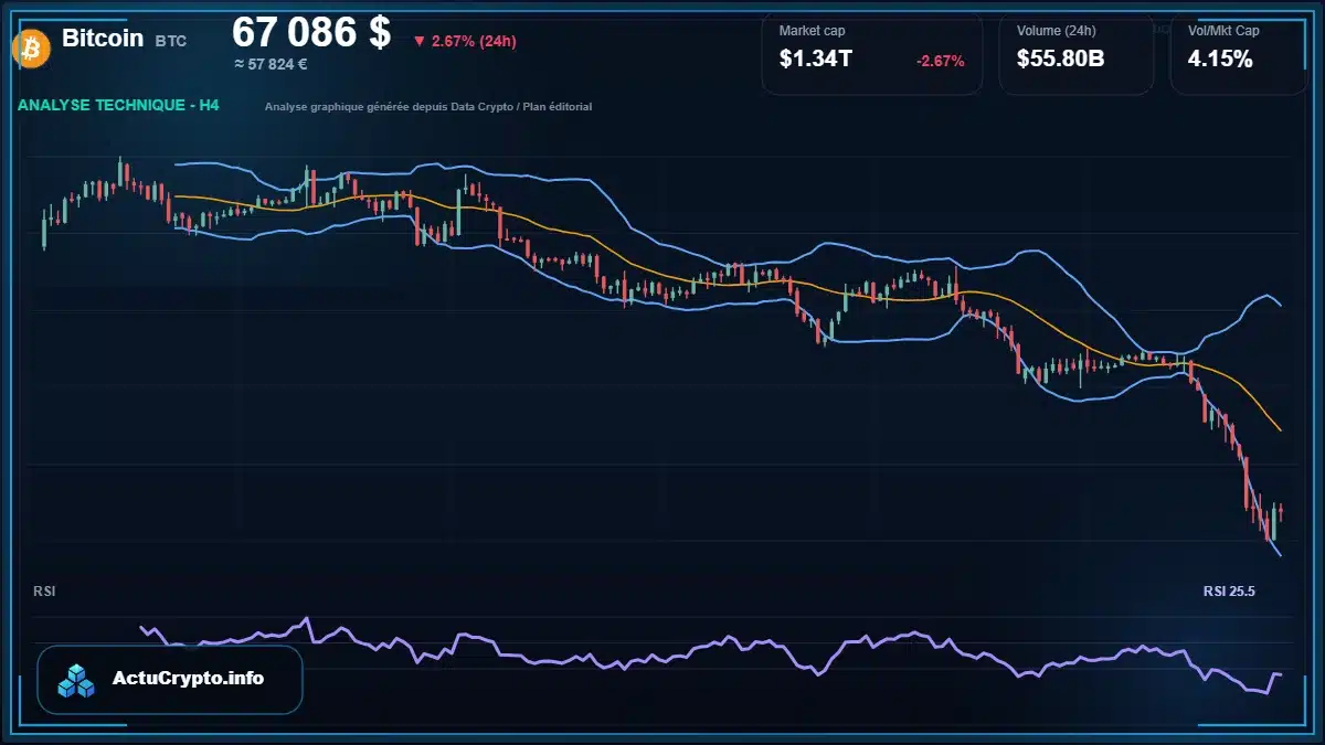Graphique du cours Bitcoin à 67086 $ Analyse technique du cours de Bitcoin de bitcoin à 67086 $ aujourd'hui