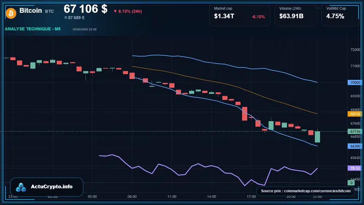 Graphique du cours Bitcoin à 67106 $ Analyse technique du cours de Bitcoin de bitcoin à 67106 $ aujourd'hui