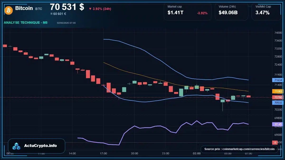 Graphique du cours Bitcoin à 70531 $ Analyse technique du cours de Bitcoin de bitcoin à 70531 $ aujourd'hui