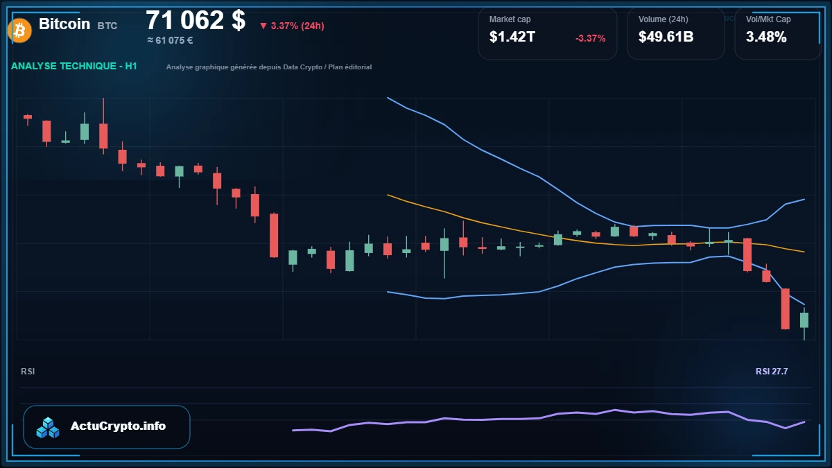 Graphique du cours Bitcoin à 71062 $ Analyse technique du cours de Bitcoin de bitcoin à 71062 $ aujourd'hui