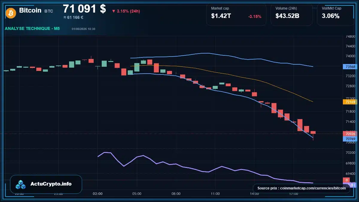 Graphique du cours Bitcoin à 71091 $ Analyse technique du cours de Bitcoin de bitcoin à 71091 $ aujourd'hui