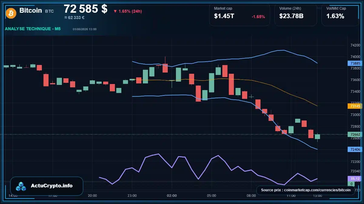 Graphique du cours Bitcoin à 72585 $ Analyse technique du cours de Bitcoin de bitcoin à 72585 $ aujourd'hui