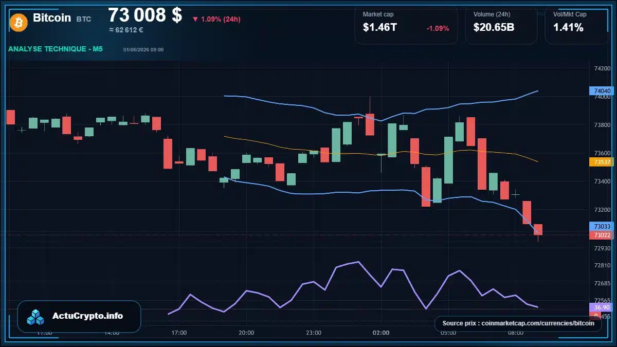 Graphique du cours Bitcoin à 73008 $ Analyse technique du cours de Bitcoin de bitcoin à 73008 $ aujourd'hui