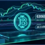 Graphique d'analyse technique montrant le cours Bitcoin en hausse à 63 069 dollars avec un volume de 29,3 milliards