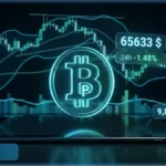 Symbole Bitcoin lumineux devant un graphique boursier affichant le cours Bitcoin à 65633 dollars.