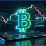 Graphique lumineux du cours Bitcoin à 64 016 dollars sur un écran d'analyse technique