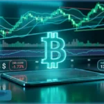 Graphique virtuel affichant le cours Bitcoin à 63 958 dollars avec des indicateurs de marché en baisse