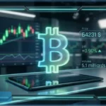 Interface holographique affichant le cours Bitcoin à 64 231 dollars devant un graphique boursier