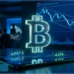 Illustration de la chute du cours du Bitcoin avec le logo BTC, un graphique en tendance baissière et le prix affiché sur une tablette.
