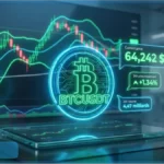 Interface numérique affichant le cours Bitcoin à 64 242 dollars et un graphique d'analyse technique