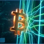 Symbole Bitcoin heurtant une grille lumineuse illustrant la résistance du cours Bitcoin à 63 769 dollars