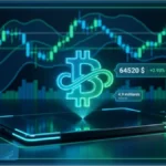 Graphique financier illustrant le cours Bitcoin à 64520 dollars avec des courbes de tendance vertes